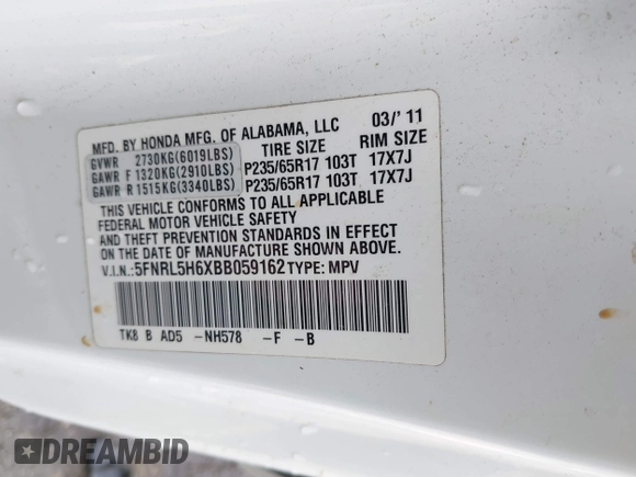 2011 Honda Odyssey EX-L with VIN 5FNRL5H6XBB059162, listed as a IAAI auction lot 42061378 with 164,317 mi miles and . Bid and sale history available at carsss.com. Image 9.