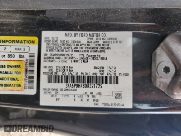 2013 Ford Fusion SE with VIN 3FA6P0HR8DR321725, listed as a Copart auction lot 62808555 with 125,223 mi miles and Non repairable. Bid and sale history available at DreamBid. Image 12.
