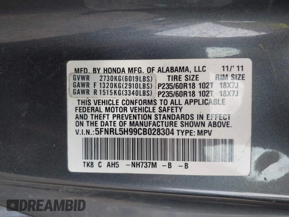 2012 Honda Odyssey Touring with VIN 5FNRL5H99CB028304, listed as a IAAI auction lot 42031916 with 216,185 mi miles and . Bid and sale history available at DreamBid. Image 9.