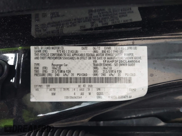 2012 Ford Focus SE with VIN 1FAHP3F25CL446064, listed as a IAAI auction lot 41883353 with 142,468 mi miles. Bid and sale history available at carsss.com. Image 9.