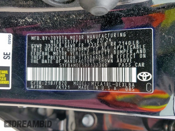 2024 Toyota Corolla LE z VIN 5YFB4MDE5RP137366, wystawiony jako Copart lot #56110735 z przebiegiem 27 798 mil mil oraz Szkoda całkowita • Salvage title. Historia ofert i sprzedaży dostępna na DreamBid. Obrazek 13.