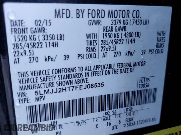2015 Lincoln Navigator with VIN 5LMJJ2HT7FEJ08535, listed as a Copart auction lot 48005555 with 115,929 mi miles and Salvage title. Bid and sale history available at DreamBid. Image 13.