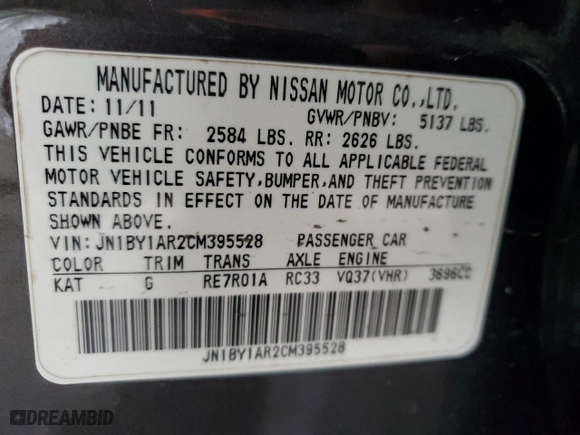 2012 Infiniti M37 with VIN JN1BY1AR2CM395528, listed as a Copart auction lot 48852475 with 0 mi miles and Salvage Title. Bid and sale history available at carsss.com. Image 12.