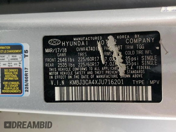 2018 Hyundai Tucson SEL z VIN KM8J3CA4XJU716201, wystawiony jako Copart lot #56790405 z przebiegiem 107 639 mil mil oraz Szkoda całkowita • Salvage title. Historia ofert i sprzedaży dostępna na DreamBid. Obrazek 13.