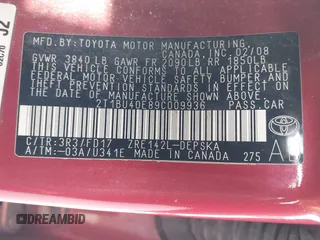 2009 Toyota Corolla with VIN 2T1BU40E89C009936, listed as a IAAI auction lot 41826017 with 217,146 mi miles. Bid and sale history available at carsss.com. Image 9.