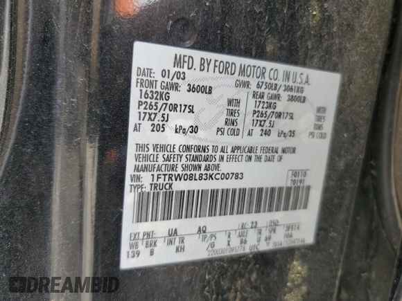 2003 Ford F-150 XLT with VIN 1FTRW08L83KC00783, listed as a Copart auction lot 50718985 with 0 mi miles and Salvage Title. Bid and sale history available at carsss.com. Image 14.
