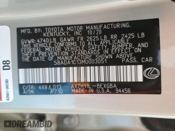 2021 Lexus ES with VIN 58ADA1C13MU003051, listed as a Copart auction lot 51397645 with 28,293 mi miles and Salvage Title. Bid and sale history available at carsss.com. Image 12.