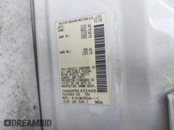 2016 Nissan Maxima SV z VIN 1N4AA6AP9GC431466, wystawiony jako IAAI lot #42007934 z przebiegiem 263 333 mil mil oraz . Historia ofert i sprzedaży dostępna na DreamBid. Obrazek 9.