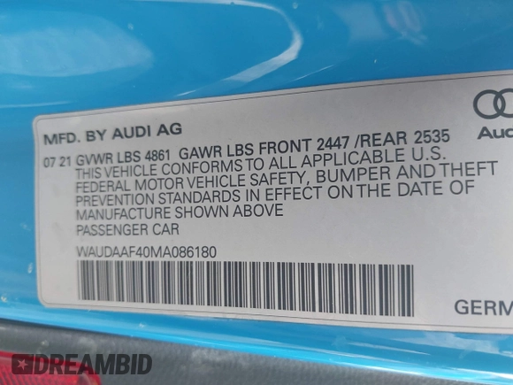2021 Audi A4 S line Premium with VIN WAUDAAF40MA086180, listed as a IAAI auction lot 42037066 with 34,641 mi miles and . Bid and sale history available at DreamBid. Image 9.