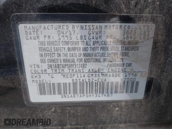 2017 Nissan Sentra S with VIN 3N1AB7AP5HY317487, listed as a IAAI auction lot 41836871 with 148,079 mi miles and . Bid and sale history available at carsss.com. Image 9.