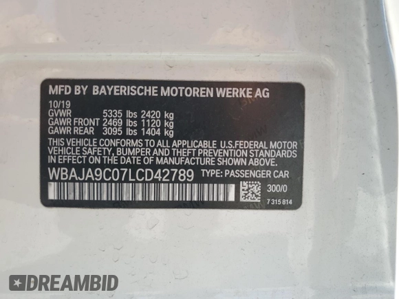 2020 BMW 5 Series 530e with VIN WBAJA9C07LCD42789, listed as a Copart auction lot 52234345 with Not Provided miles and Salvage Title. Bid and sale history available at DreamBid. Image 14.