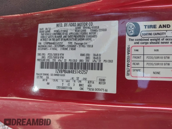 2011 Ford Mustang V6 with VIN 1ZVBP8AM4B5145257, listed as a IAAI auction lot 41817452 with 115,114 mi miles and . Bid and sale history available at carsss.com. Image 9.