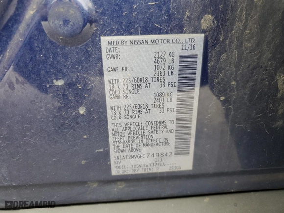 2017 Nissan Rogue SL with VIN 5N1AT2MV6HC749842, listed as a Copart auction lot 54617175 with 130,226 mi miles and Clean Title. Bid and sale history available at carsss.com. Image 12.