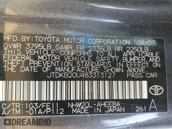 2008 Toyota Prius with VIN JTDKB20U483313127, listed as a Copart auction lot 57770745 with 147,092 mi miles and Salvage title. Bid and sale history available at DreamBid. Image 12.