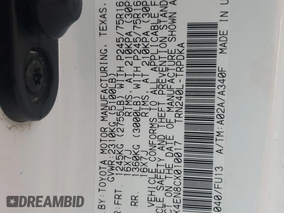 2012 Toyota Tacoma with VIN 5TFPX4EN8CX010017, listed as a Copart auction lot 43104405 with 179,873 mi miles and Clean title. Bid and sale history available at DreamBid. Image 12.