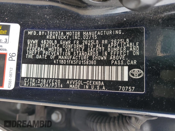 2015 Toyota Camry LE with VIN 4T1BD1FK5FU158360, listed as a Copart auction lot 56309785 with 307,166 mi miles and Clean Title. Bid and sale history available at DreamBid. Image 13.
