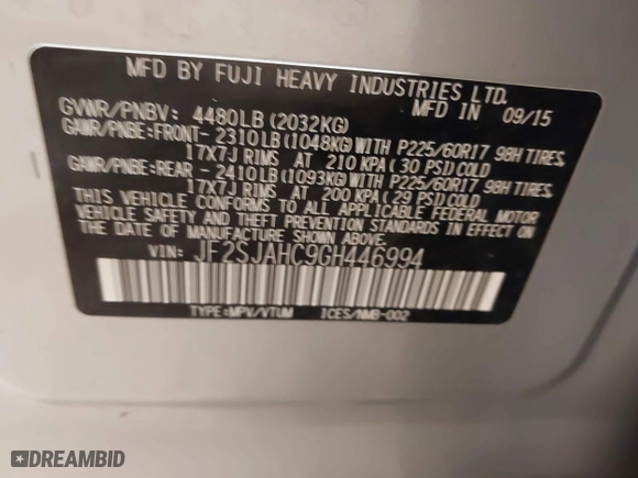 2016 Subaru Forester 2.5i Limited with VIN JF2SJAHC9GH446994, listed as a IAAI auction lot 41992012 with 81,429 mi miles. Bid and sale history available at carsss.com. Image 9.