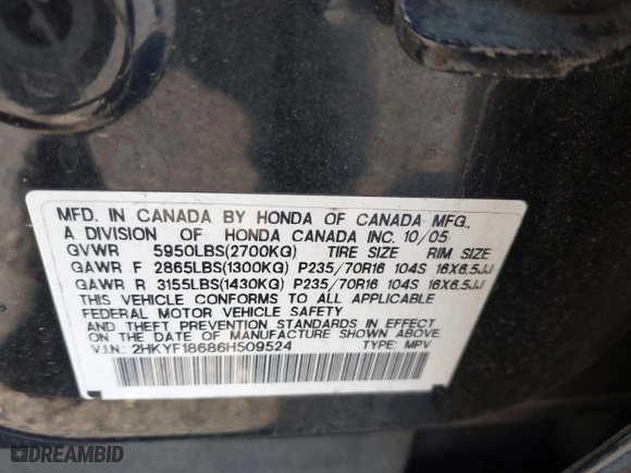 2006 Honda Pilot EX-L with RES with VIN 2HKYF18686H509524, listed as a IAAI auction lot 41863126 with 1 mi miles. Bid and sale history available at carsss.com. Image 9.
