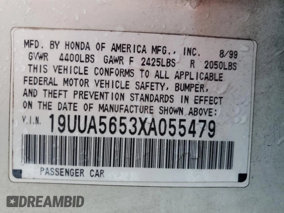1999 Acura TL with VIN 19UUA5653XA055479, listed as a Copart auction lot 83361254 with 92,869 mi miles and Non Repairable. Bid and sale history available at carsss.com. Image 12.