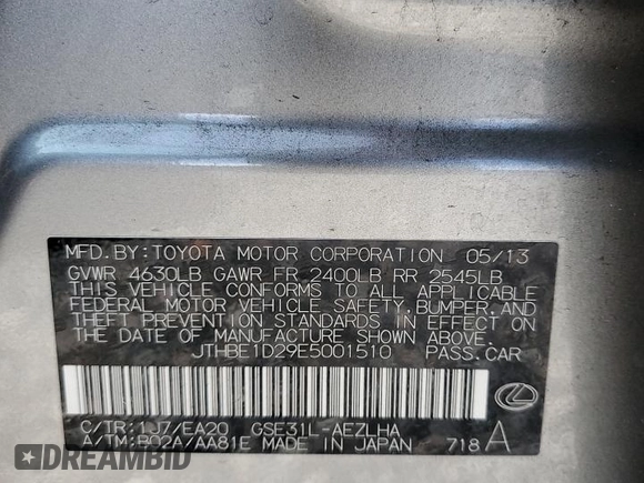 2014 Lexus IS 350 with VIN JTHBE1D29E5001510, listed as a Copart auction lot 63216975 with 156,992 mi miles and Salvage title. Bid and sale history available at DreamBid. Image 12.