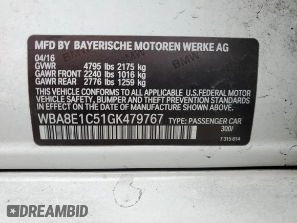 2016 BMW 3 Series 330e iPerformance with VIN WBA8E1C51GK479767, listed as a Copart auction lot 41467315 with 109,328 mi miles and Salvage Title. Bid and sale history available at carsss.com. Image 12.