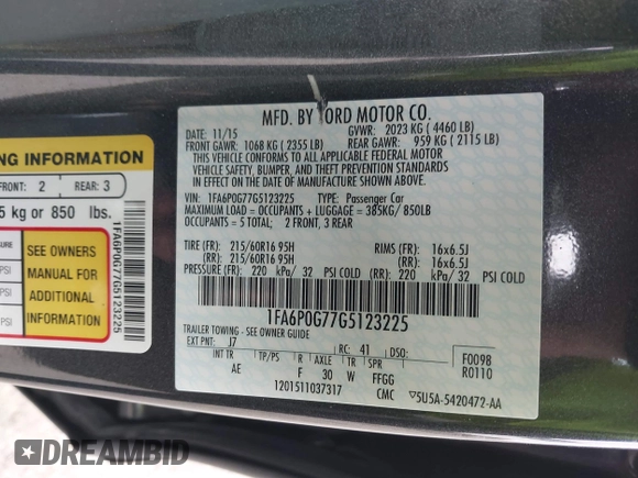 2016 Ford Fusion S with VIN 1FA6P0G77G5123225, listed as a IAAI auction lot 41805809 with 32,763 mi miles and . Bid and sale history available at DreamBid. Image 9.