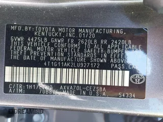 2020 Toyota Camry SE with VIN 4T1G11AK2LU927172, listed as a IAAI auction lot 41736085 with 191,512 mi miles. Bid and sale history available at carsss.com. Image 9.
