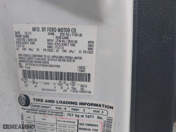 2013 Ford F-150 XL with VIN 1FTFW1CF0DKG53162, listed as a IAAI auction lot 41606056 with 235,932 mi miles. Bid and sale history available at carsss.com. Image 9.