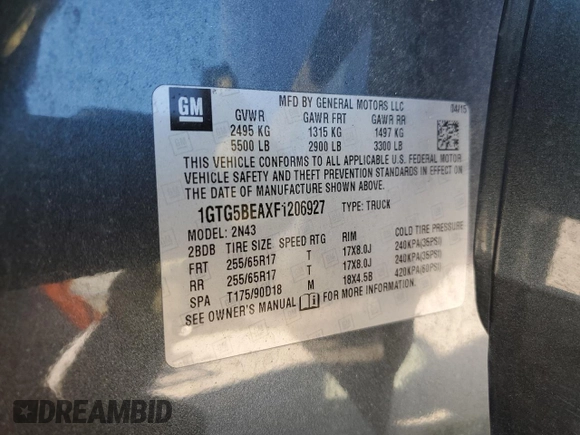 2015 GMC Canyon 2WD SLE with VIN 1GTG5BEAXF1206927, listed as a Copart auction lot 49538494 with 111,768 mi miles and Salvage Title. Bid and sale history available at carsss.com. Image 12.