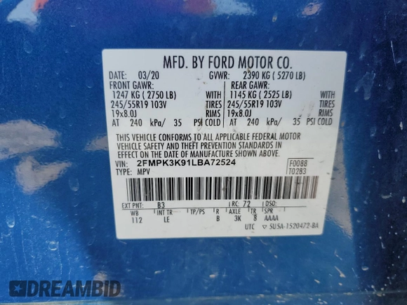 2020 Ford Edge Titanium z VIN 2FMPK3K91LBA72524, wystawiony jako Copart lot #52219545 z przebiegiem 97 192 mil mil oraz Szkoda całkowita • Salvage title. Historia ofert i sprzedaży dostępna na DreamBid. Obrazek 14.