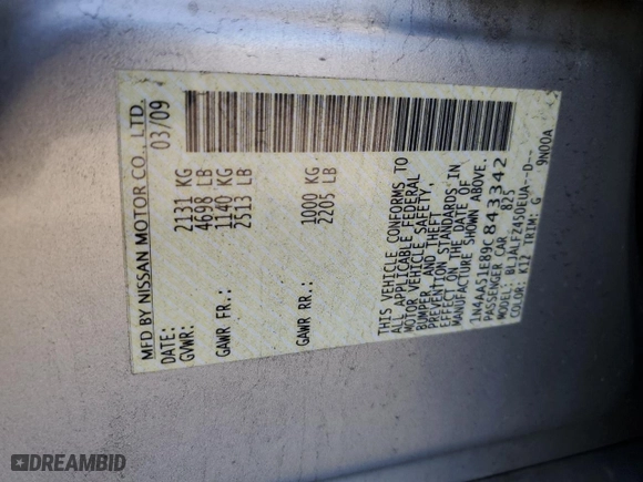 2009 Nissan Maxima 3.5 SV w/Sport Pkg with VIN 1N4AA51E89C843342, listed as a Copart auction lot 49652505 with 166,132 mi miles and Salvage Title. Bid and sale history available at carsss.com. Image 12.
