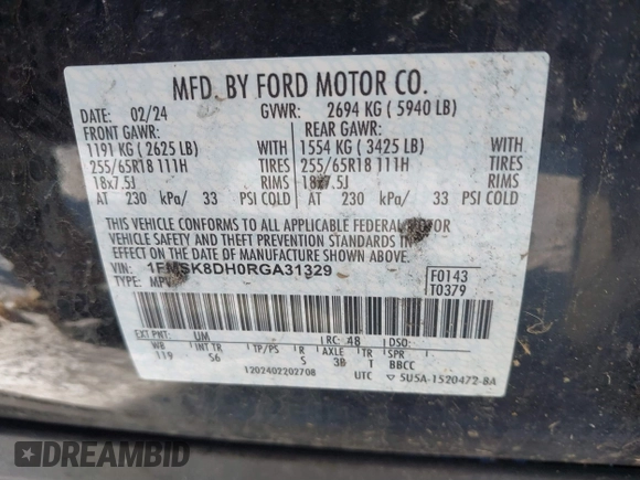 2024 Ford Explorer XLT z VIN 1FMSK8DH0RGA31329, wystawiony jako IAAI lot #41343866 z przebiegiem 20 990 mil mil oraz . Historia ofert i sprzedaży dostępna na DreamBid. Obrazek 9.