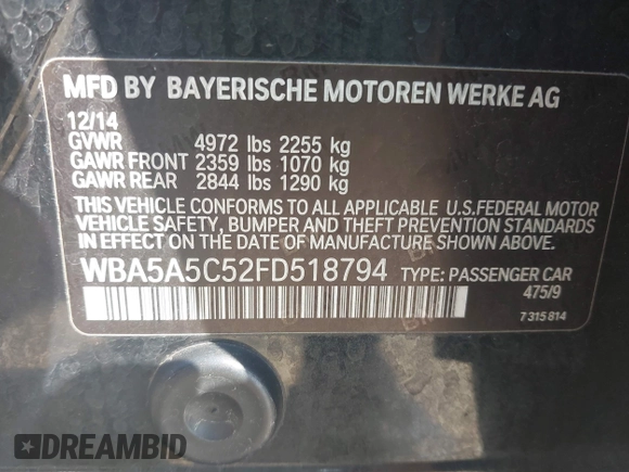 2015 BMW 5 Series 528i with VIN WBA5A5C52FD518794, listed as a IAAI auction lot 42571091 with 165,744 mi miles and . Bid and sale history available at DreamBid. Image 9.
