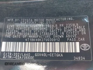 2007 Toyota Camry LE with VIN 4T1BK46K27U030912, listed as a IAAI auction lot 42106302 with 198,655 mi miles and . Bid and sale history available at DreamBid. Image 9.