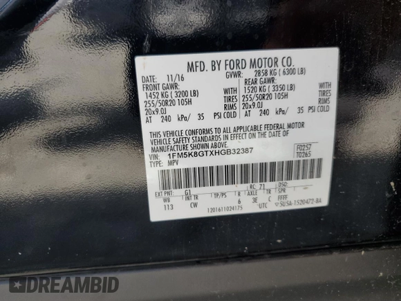 2017 Ford Explorer Sport z VIN 1FM5K8GTXHGB32387, wystawiony jako Copart lot #55313965 z przebiegiem 159 983 mil mil oraz Szkoda całkowita • Salvage title. Historia ofert i sprzedaży dostępna na DreamBid. Obrazek 13.