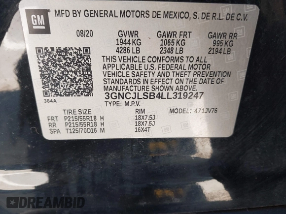 2020 Chevrolet Trax LT z VIN 3GNCJLSB4LL319247, wystawiony jako IAAI lot #42022250 z przebiegiem 74 877 mil mil oraz . Historia ofert i sprzedaży dostępna na DreamBid. Obrazek 9.