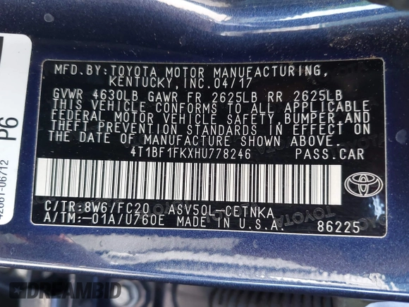 2017 Toyota Camry XLE with VIN 4T1BF1FKXHU778246, listed as a IAAI auction lot 41978598 with 120,070 mi miles. Bid and sale history available at carsss.com. Image 9.