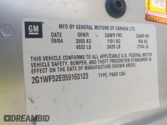 2005 Chevrolet Impala with VIN 2G1WF52E059163123, listed as a IAAI auction lot 41654818 with 109,840 mi miles and . Bid and sale history available at DreamBid. Image 9.