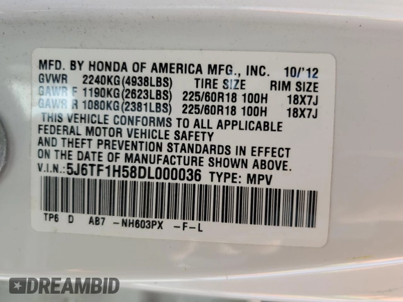 2013 Honda Crosstour EX-L z VIN 5J6TF1H58DL000036, wystawiony jako Copart lot #46917695 z przebiegiem 97 589 mil mil oraz Szkoda całkowita • Salvage title. Historia ofert i sprzedaży dostępna na DreamBid. Obrazek 13.