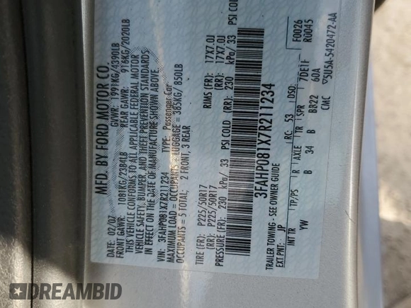 2007 Ford Fusion SEL with VIN 3FAHP081X7R211234, listed as a Copart auction lot 49401765 with 122,964 mi miles and Salvage Title. Bid and sale history available at carsss.com. Image 13.