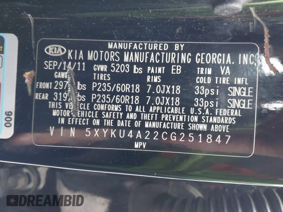 2012 Kia Sorento EX with VIN 5XYKU4A22CG251847, listed as a IAAI auction lot 42014433 with 166,186 mi miles. Bid and sale history available at carsss.com. Image 9.