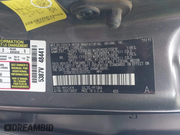 2012 Toyota Sienna XLE with VIN 5TDDK3DC3CS033755, listed as a IAAI auction lot 41815132 with 189,777 mi miles. Bid and sale history available at carsss.com. Image 9.
