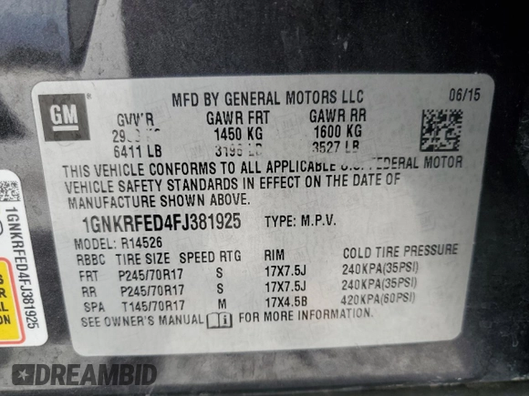 2015 Chevrolet Traverse LS with VIN 1GNKRFED4FJ381925, listed as a Copart auction lot 53170385 with Not Provided miles and Salvage Title. Bid and sale history available at DreamBid. Image 13.