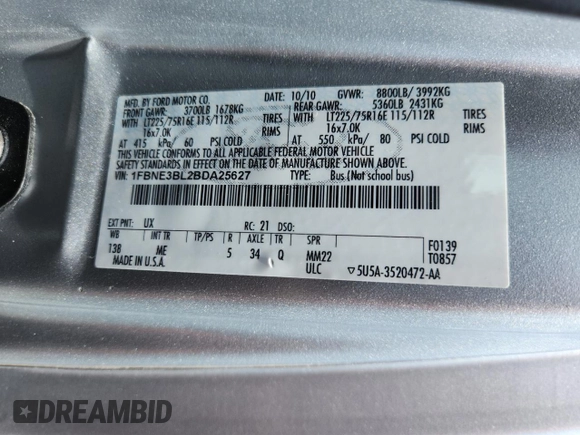 2011 Ford Econoline Passenger XL с VIN 1FBNE3BL2BDA25627, выставлен на аукционе Copart как лот 60203895 с пробегом 120 027 миль миль и Списание • Salvage title. История ставок и продаж доступна на DreamBid. Изображение 14.