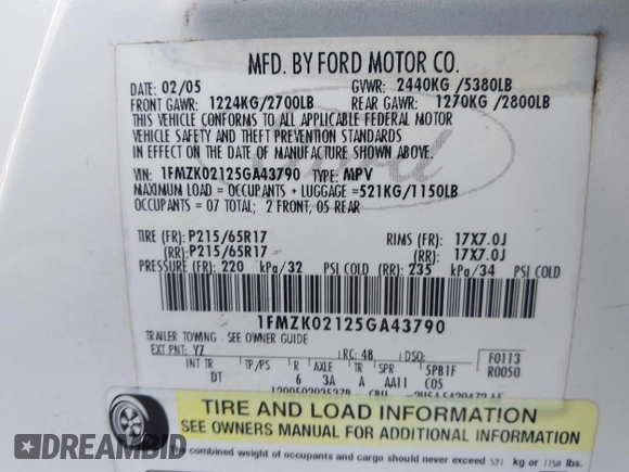 2005 Ford Freestyle SEL with VIN 1FMZK02125GA43790, listed as a IAAI auction lot 41833655 with 140,965 mi miles and . Bid and sale history available at DreamBid. Image 9.