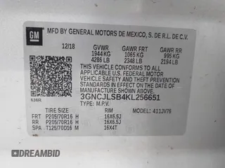 2019 Chevrolet Trax LT z VIN 3GNCJLSB4KL256651, wystawiony jako IAAI lot #42179904 z przebiegiem 132 143 mil mil oraz . Historia ofert i sprzedaży dostępna na DreamBid. Obrazek 9.