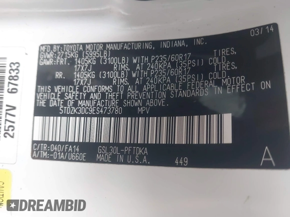 2014 Toyota Sienna L with VIN 5TDZK3DC9ES473780, listed as a IAAI auction lot 42245274 with 203,060 mi miles and . Bid and sale history available at DreamBid. Image 9.