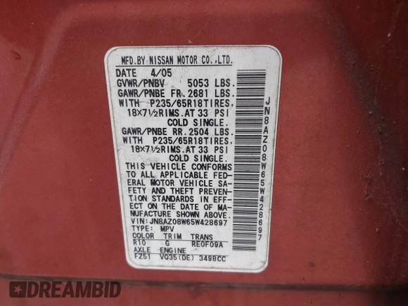 2005 Nissan Murano SL z VIN JN8AZ08W65W428697, wystawiony jako IAAI lot #42291815 z przebiegiem 89 742 mil mil oraz . Historia ofert i sprzedaży dostępna na DreamBid. Obrazek 9.