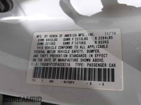2015 Acura TLX with VIN 19UUB1F33FA009718, listed as a IAAI auction lot 42738052 with 174,152 mi miles and . Bid and sale history available at DreamBid. Image 9.