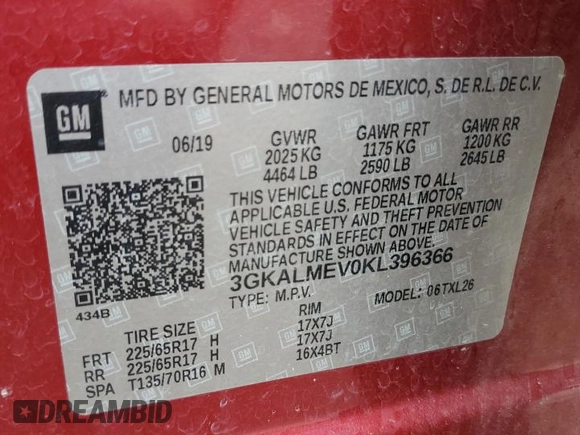 2019 GMC Terrain SLE with VIN 3GKALMEV0KL396366, listed as a Copart auction lot 72405394 with 68,837 mi miles and Salvage Title. Bid and sale history available at DreamBid. Image 14.